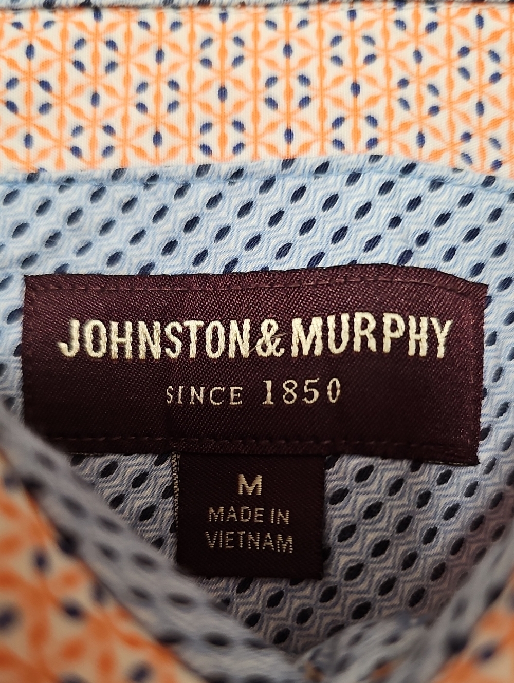 Johnston & Murphy Light Blue Shirt with Orange and Navy Geometric Print